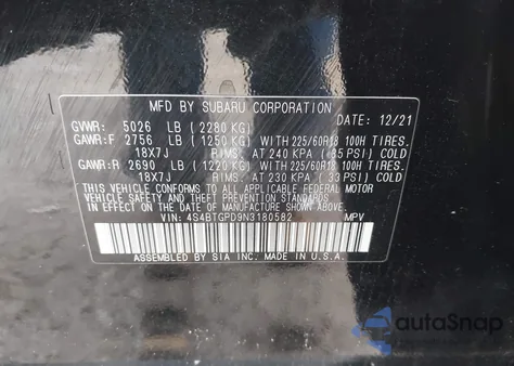 2022 Subaru Outback Touring Xt z USA, uszkodzony, nr VIN 4S4BTGPD9N3180582